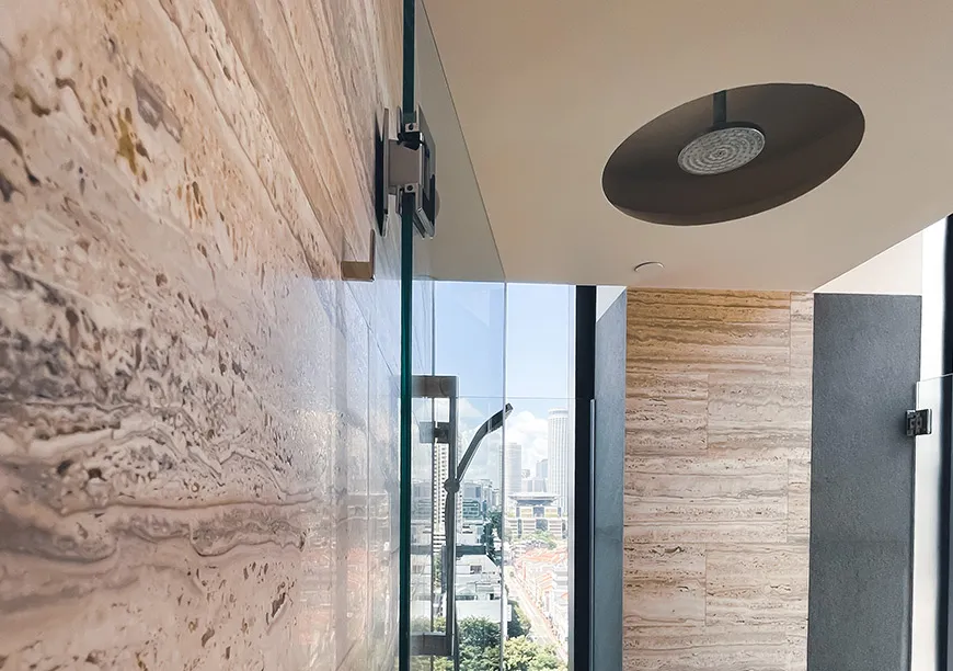 Modern bathroom wallpapering with textured feature wall